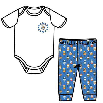 Mock up of infant buoy pajama set. Blue with multi colored buoy pattern.